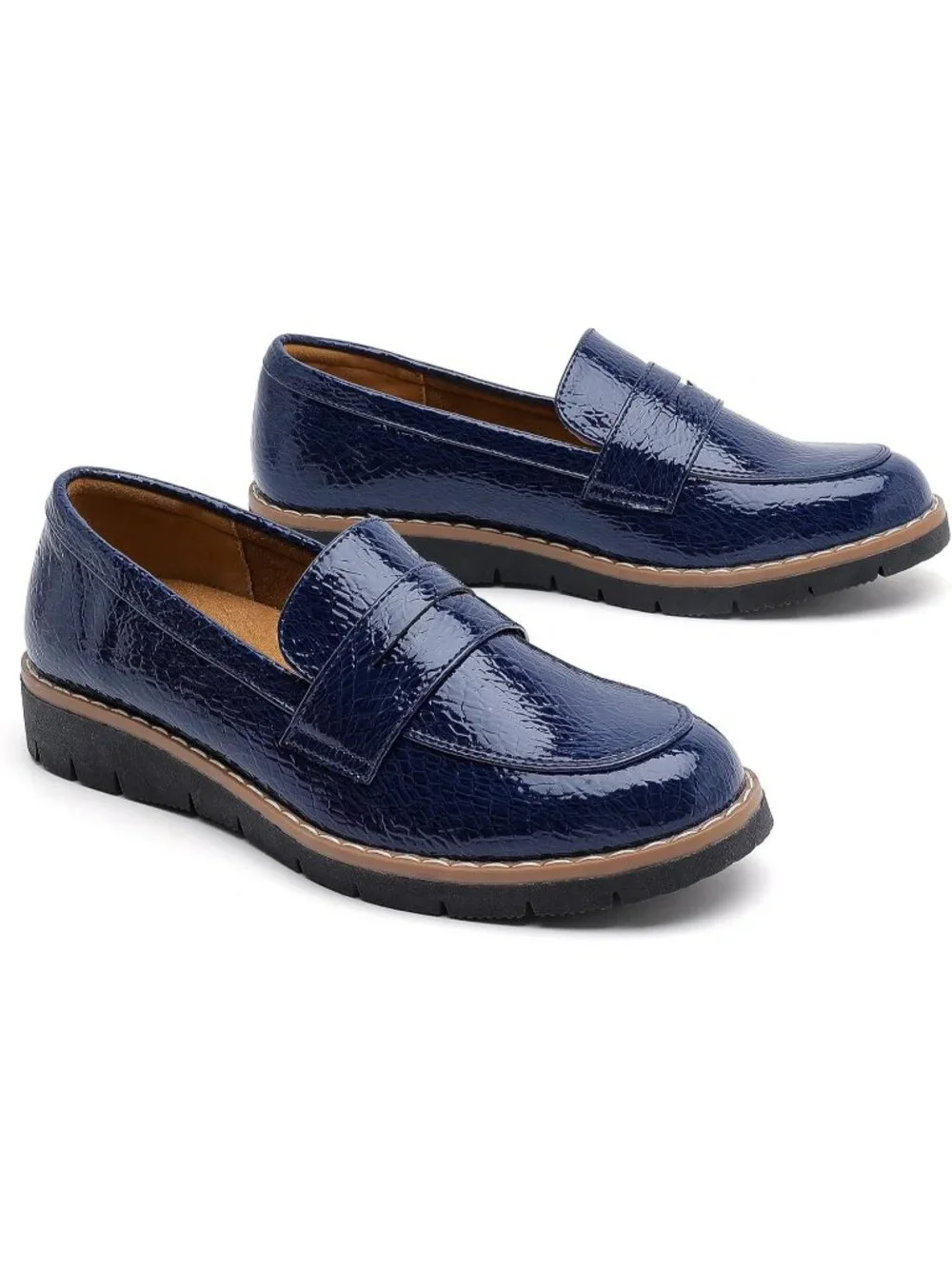🆕Women's Dark Blue Round Toe Platform Chunky Heeled Loafers Business Shoes